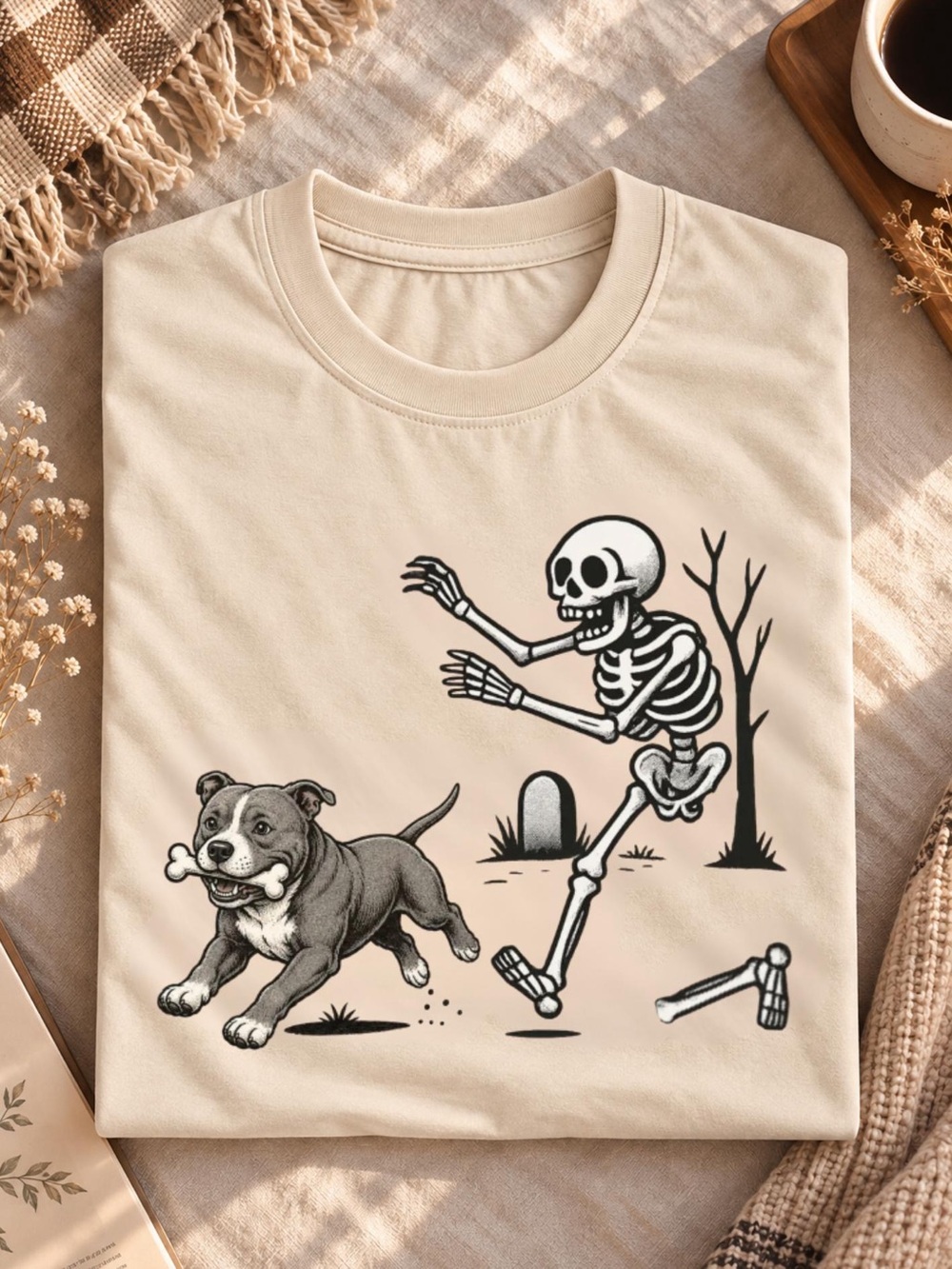 Pitbull Dog & Skeleton Natural Graphic Tee, Spooky Season Halloween Shirt